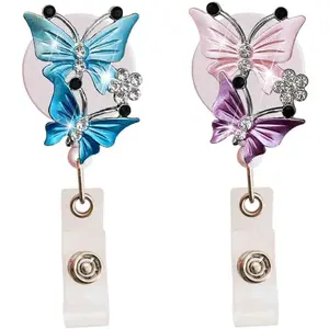 2 count Bling Butterfly Retractable ID Badge Holder Nurse Badge Reels with Clip, 24 inch Retractable Cord, Name Card Holders for Office Worker  Girls Women, Badge Holders(Blue+)