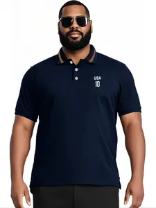 【Plus Size】 Letter Print Contrast Trim Polo Shirt, Regular Fit Casual Short Sleeve Top for Summer, Men's Clothes for Daily Wear, Tropical