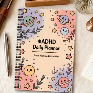 Adult and Women's ADHD Planner, Spiral Bound Planner - Light Pink and Peach Spiral Notebook with Doodle Typography Calendar, ADHD-Friendly Daily Schedule, Mood Tracking, Task Lists, and Pomodoro Timer Layout - Neurodiverse Organizer