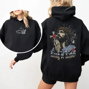 [Made in USA] King Of Kings Hoodie, Jesus Reigns Rose Vintage Graphic Pullover Hoodie, Christian Faith Religious Streetwear, Crown Of Thorns Church Outfit, Savior Graphic Oversized Hoodie Gift For Men Women.