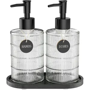 Soap Dispenser Set with  Tray, Dish and Hand Soap Lotion Dispenser Set with Wooden Pump for Kitchen and Bathroom Decor for Counter, Modern  Liquid Soap Dispensers (Clear&Black)