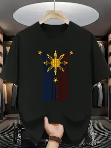 Men's Philippines Flag T-Shirt - Black Retro Philippine Sun & Stars Design with National Emblem, Breathable Crew Neck Short Sleeve Shirt, Red/Blue/Yellow Colors, Machine Washable Casual Top for Filipino Pride & Casual Attire