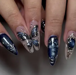 [FLASH SALE 50%] Handmade Cosmic Galaxy Press On Nails | Navy Sparkle Base, Liquid Metal Chrome & 3D Drops | Stiletto Nails For Mystical Space Vibes