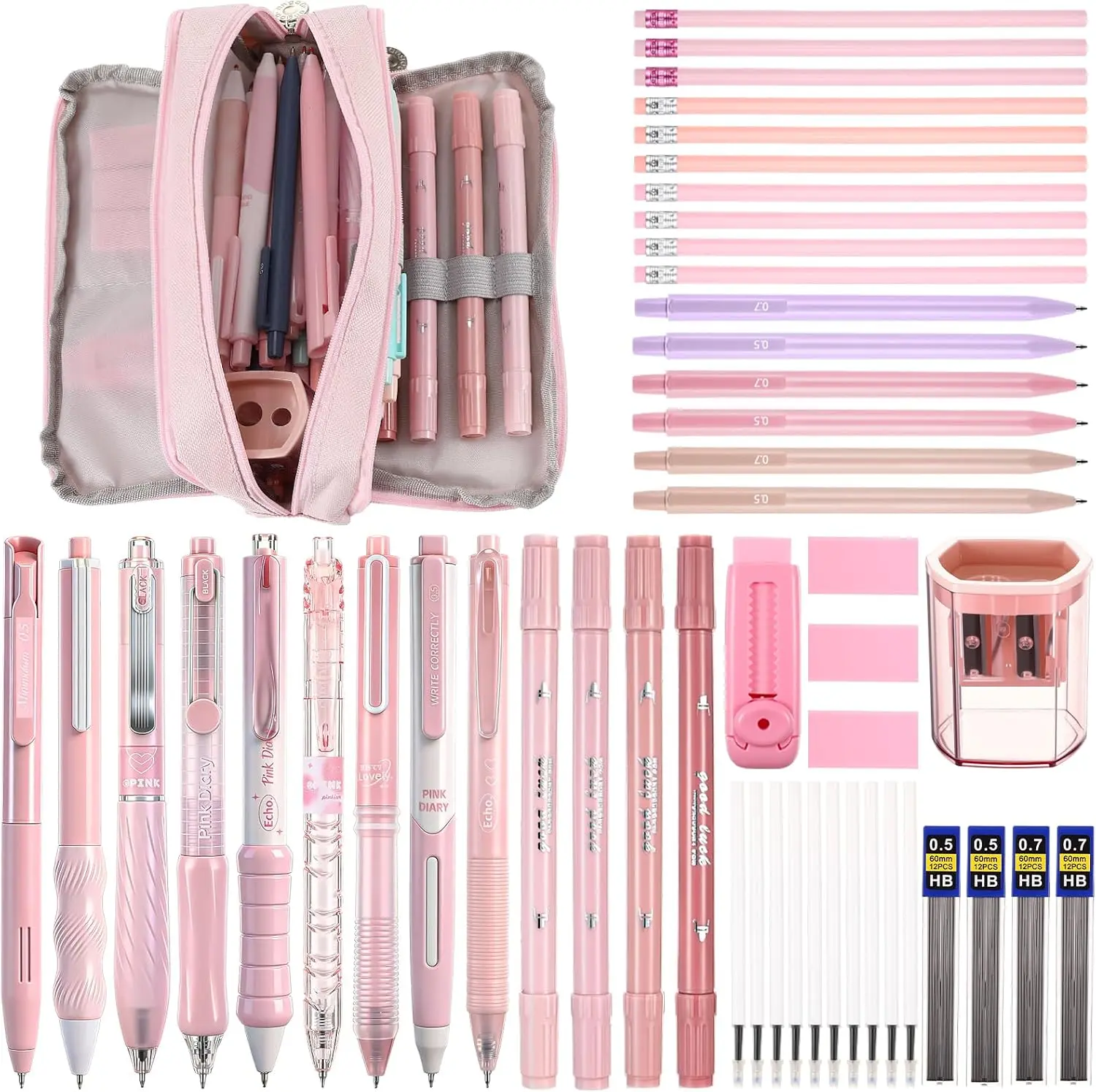 56-Piece Stationery Set with Large Capacity Pencil Case, Ballpoint Pens, Highlighters, Mechanical Pencils, Eraser, Pencils, and Sharpener