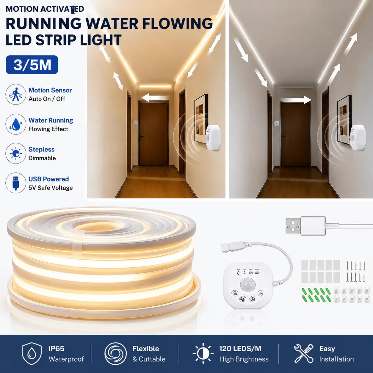 Lfon Smart Motion Sensor Neon Rope Light, Chasing Flow Dynamic Running Water Effect, Auto On/Off, Dimmable 3M/5M Flexible Strip, Night Light Strip for Indoor Stairs & Bedroom Decor