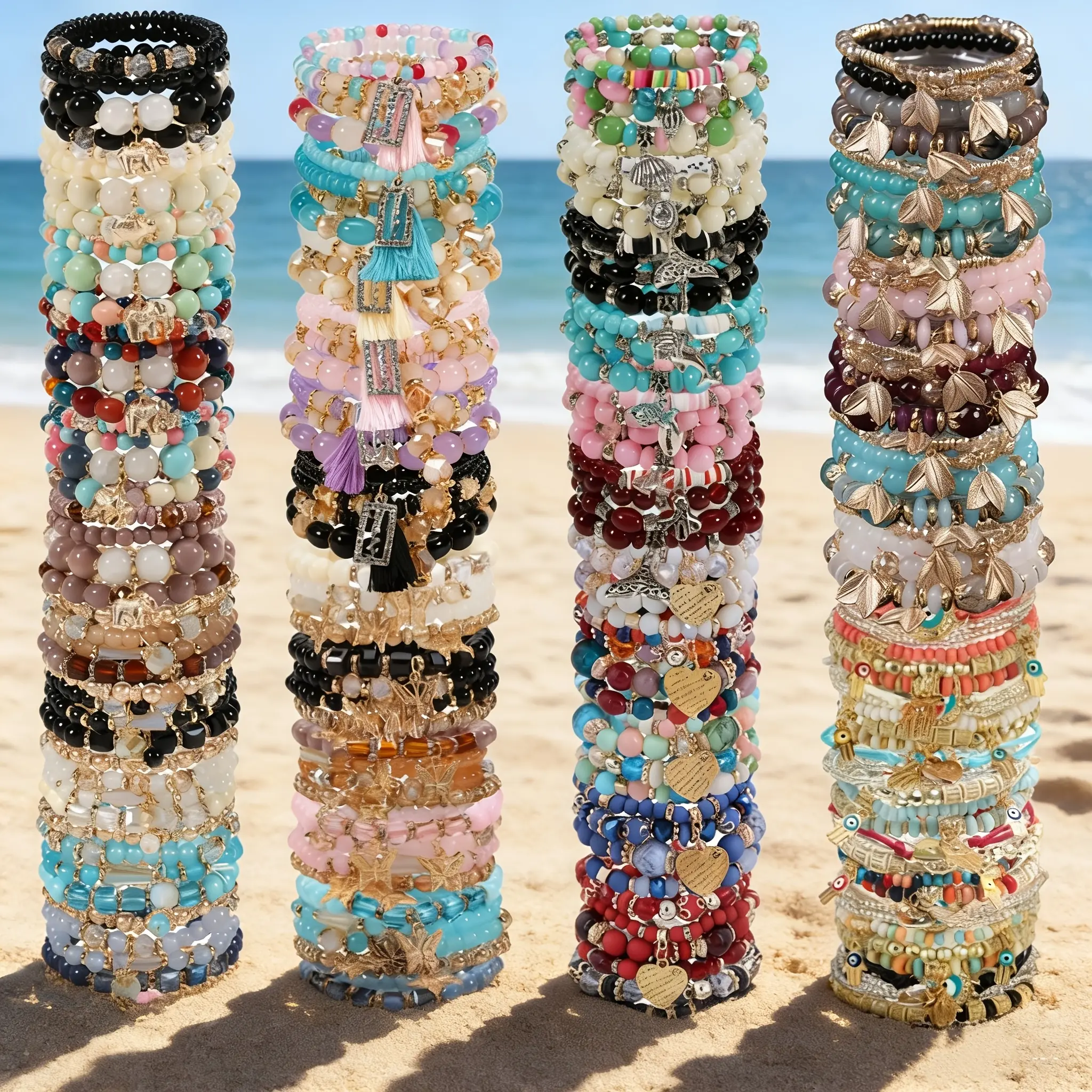 12/24/36pcs Mixed Color Glass Bead Bohemian Style Bracelet Set for Women - Heart Butterfly Elephant Alloy Charm, Versatile for All Seasons, Perfect for Casual Attire Gifting Valentine's Day Pretend Jewelry Toys,summerwins