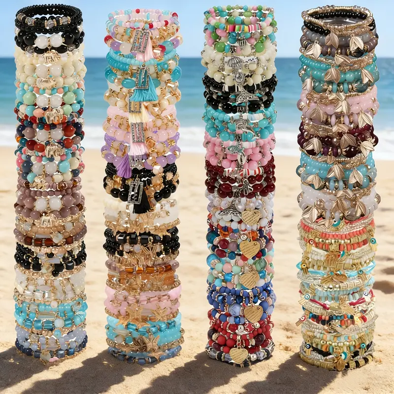 12/24/36pcs Mixed Color Glass Bead Bohemian Style Bracelet Set for Women - Heart Butterfly Elephant Alloy Charm, Versatile for All Seasons, Perfect for Casual Attire Gifting Valentine's Day Pretend Jewelry Toys