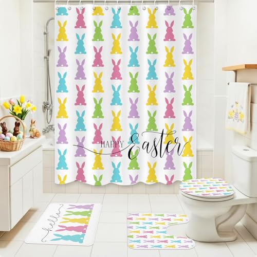 4/8Pcs Easter Bunny Bathroom Decor Set including 70x70in Waterproof Bunny Flower Shower Curtain with Hooks & Non Slip Bath Mat & U shaped Rug & Toilet Lid Cover for Spring Bathroom Makeover Home Supplies