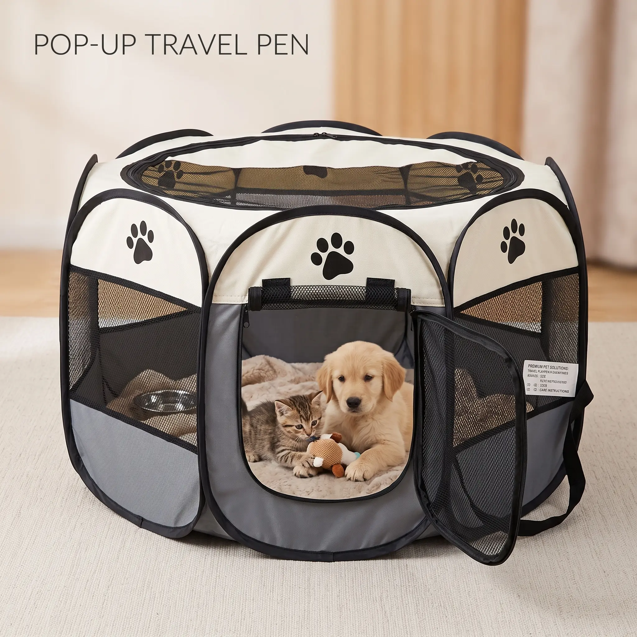 Dog Cat Playpen, Puppy Pet Playpen Indoor forSmall Dogs Tent Crates Cage Outdoor, Portable PopUp Dog Kennel Playpen with Carrying Case forDogs/Cats/Rabbits, Removable Zipper Top, kitty condo, Grey