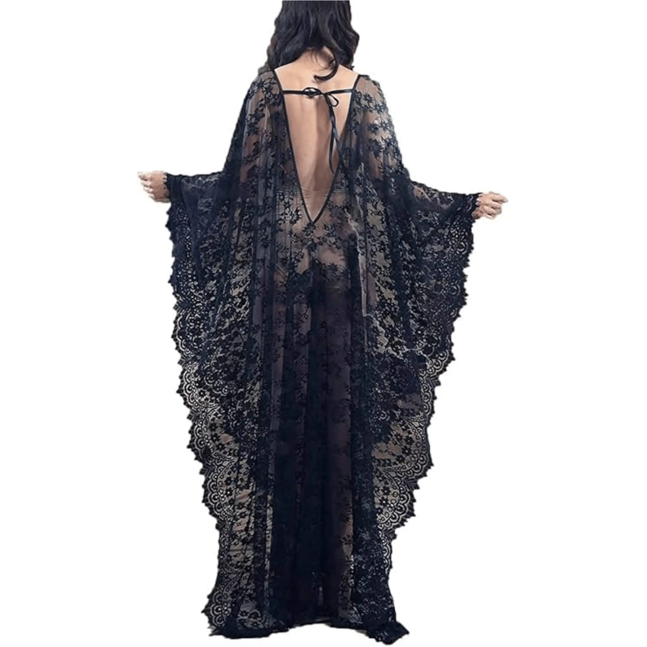 Black Lace Dress Outfits, Sheer Lace cover up Dress, Women Sexy Open Back lace Dresses, Lingerie Boudoir Outfits, Black Robe kaftan dresses, Plus Size See Through Caftans Cover Up Beach Dress