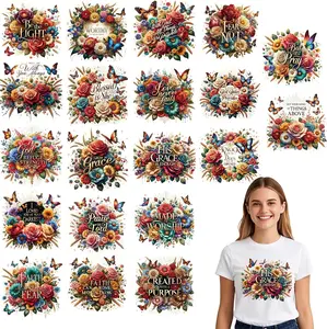 Dtf Transfers Ready to Press - 20Pcs Christian Floral Iron on Transfers, Bible Verse Iron on Decals for Tshirts, Religious Faith Heat Appliques Patches for Clothes Hat Bag Pillows DIY Crafts Falueqg