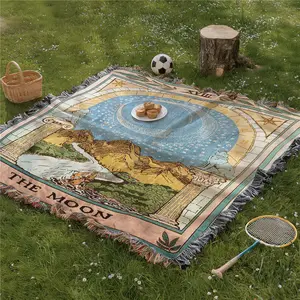 Multi Purpose Picnic Mat, Outdoor Picnic Blanket, Yarn Woven with Tassel, Moon Pattern, Soft and Breathable, Suitable for Travel Camping Lawns, Indoor Bohemian Decoration, Machine Washed, Used As Bed Blanket Sofa Towel Tablecloth