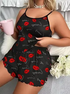 【Plus Size】 Women's Heart Print Pyjama Set, Casual Comfy Cami Top & Elastic Waist Shorts Pj Set, Women's Sleepwear for Summer