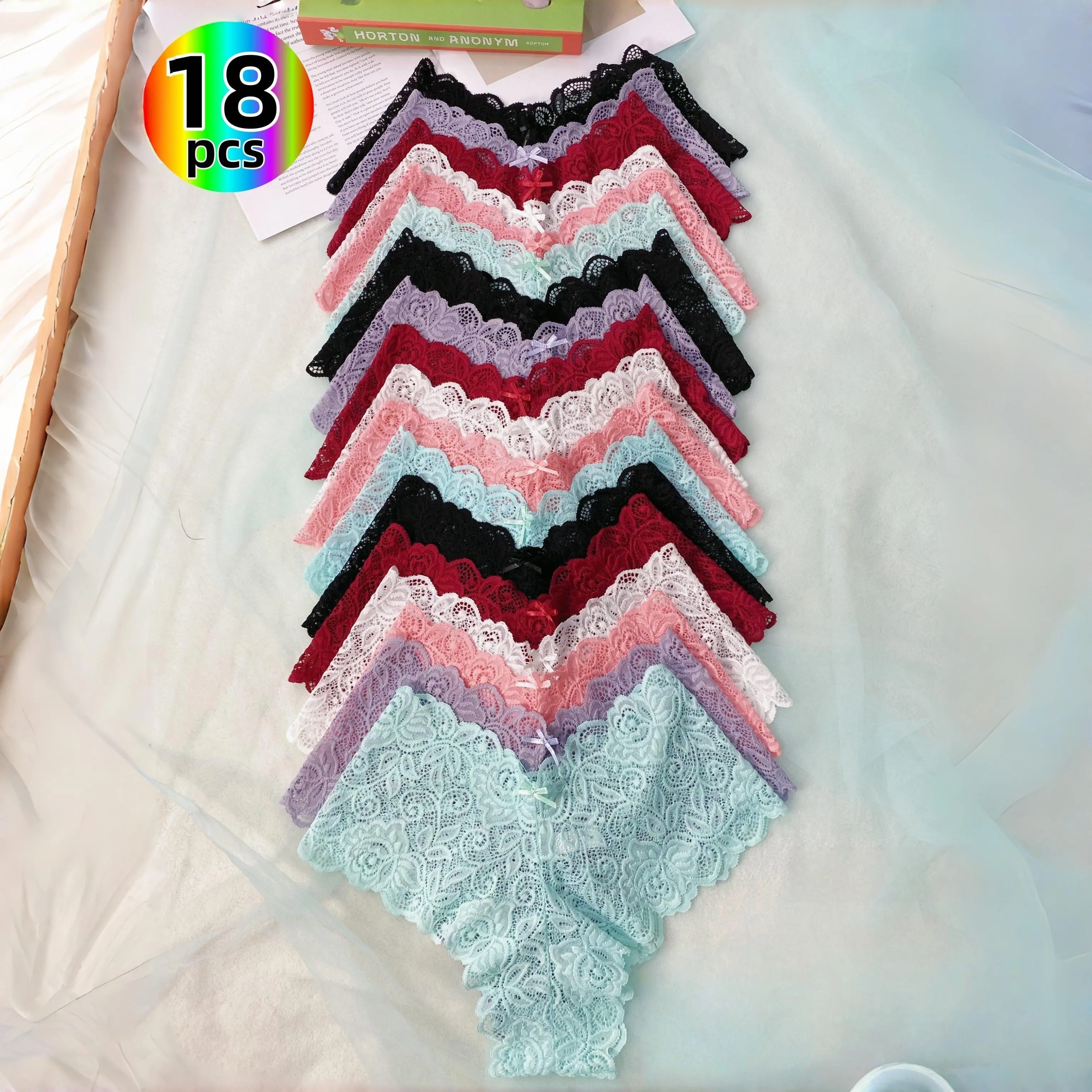 H  18-Pack Women's Lace Bow Panties, Sexy Floral Seamless Underwear, Cooling & Breathable for Summer, Multi-Color Lace. High Rise Cheeky Style, Soft Snug Fit, Ideal for 4th of July, Labor Day, Thanksgiving, Christmas & Mother's Day Womenswear
