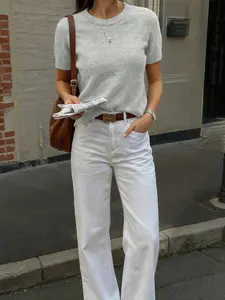 Women Crew Neck Short Sleeve Knit Top, Spring/Summer Casual Basic Minimalist Style Solid Color Loose Fit Pullover Sweater Top, Suitable For Daily Wear And Commuting, Womenswear Summer Tops, Summer Knitwear for Women