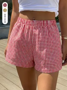 Women's Summer Daily Plaid Elastic Wide-leg Casual Fashion Plaid Print Shorts Home Work Outdoor City Loose Trend Casual Elegant Youth Simple Versatile Texture Temperament Natural Literary Art