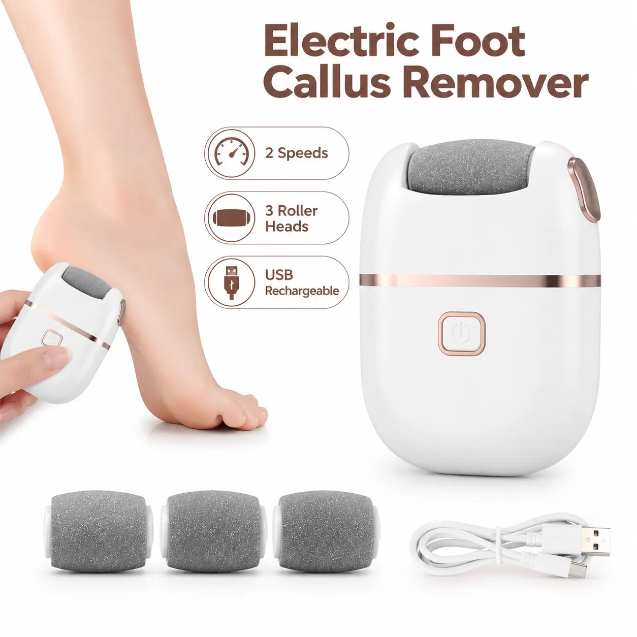Electric Foot Callus Remover, Rechargeable Foot File for Dry Cracked Heels, 2 Speeds Pedicure Tool with 3 Roller Heads, Portable Dead Skin Remover for At-Home Foot Care, Foot Care Products, Cordless Pedicure Machine