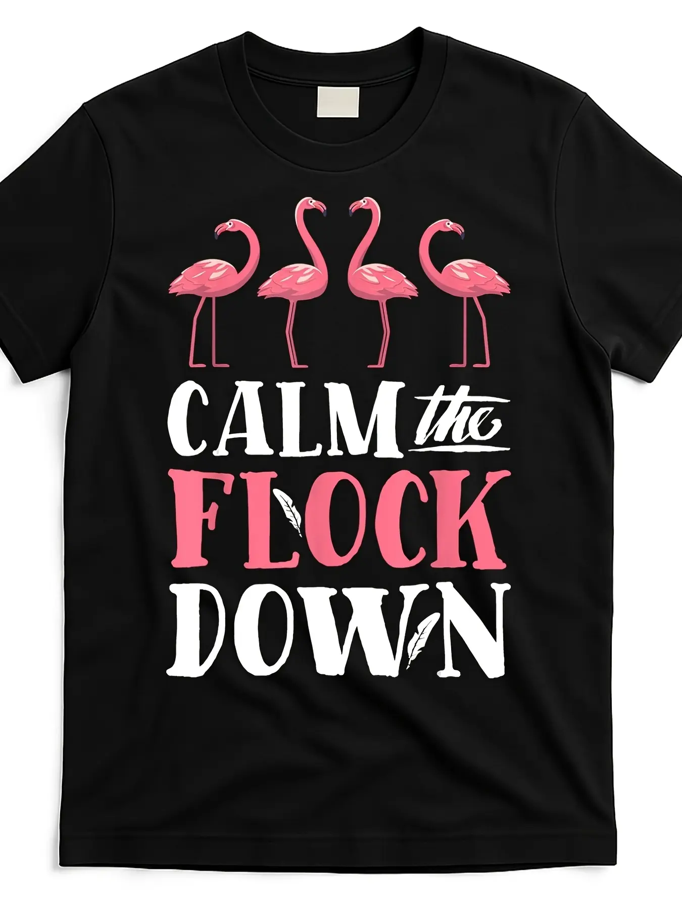 flamingo-calm-the-flock--funny--bird-lovers-summer unisex soft cotton short sleeve t shirt, vintage graphic casual tee for men women teens, perfect birthday holiday gift for camping travel gym daily street  wear
