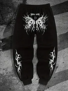 Men's Gothic Thorn Butterfly "DARKNESS" Graphic Joggers - Black Oversized Streetwear Cuffed Sweatpants
