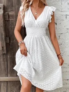 Women's Summer Fashion Slimming V-Neck Short Sleeve Lace Bohemian Vacation Dress, Casual Fitted Dress for Women, Boho