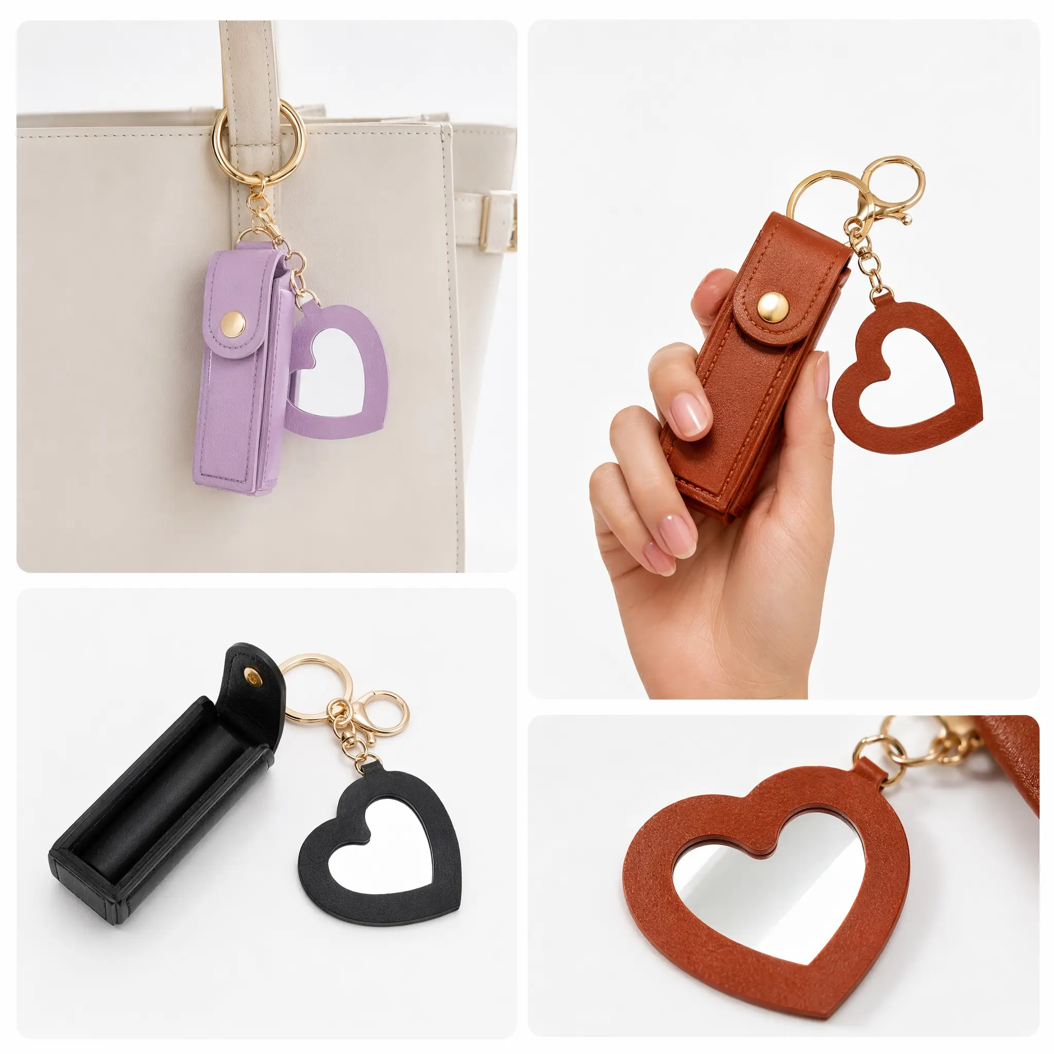 Cute PU Leather Lip Balm Holder Keychain with Heart Mirror, Portable Lipstick Case Bag Charm, Preppy Aesthetic Small Lip Gloss Pouch Key Ring Gift for Teen Girls Women【Back to School】 - MM2