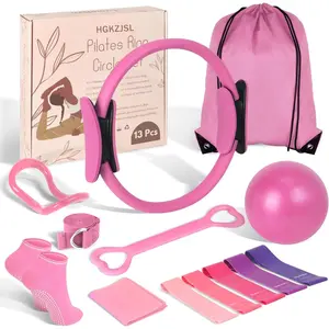 HGKZJSL Pilates Ring Circle Set for Women 13 Pcs Pilates Equipment Kit with 9 Inch Yoga Ball Figure 8 Resistance Band & Accessories for Home Workouts