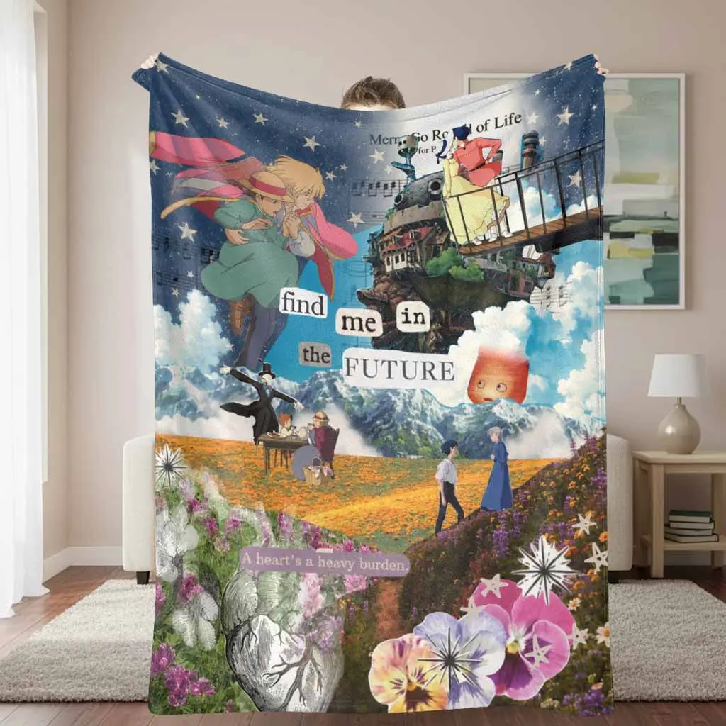 Fantasy Wandering Castle Flannel Blanket Starry Sky Meadow Romance Print Soft Warm Lightweight Cozy Throw for Sofa Bedroom Travel Camping Holiday Gift