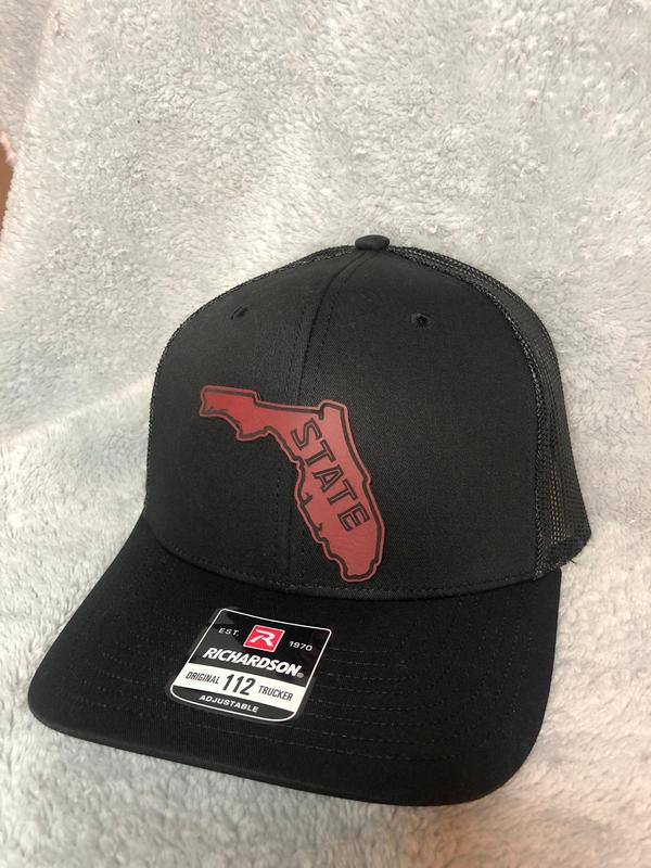 State of Florida/ Florida State 112  Richardson Trucker Hat w/ Leatherette Patch- Florida Hats/ Black Hat-Florida Seminoles