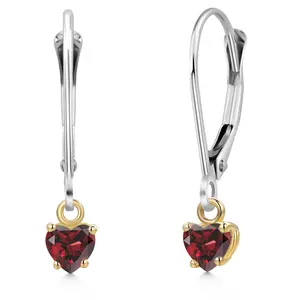 925 Silver and 10K Yellow Gold Red Garnet Dangle Earrings for Women | 0.66 Cttw | Gemstone January Birthstone | Heart Shape 4MM