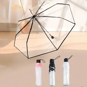 1pc 8-Rib Thickened PVC Transparent Folding Umbrella, Portable Rain Umbrella, Lightweight Waterproof Umbrella, Outdoor Photography Travel Tri-Fold Umbrella for School, Office, Home & Travels