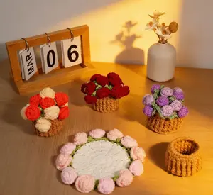Handmade Crochet Flower Bouquet Coaster, Yarn Knitted Flower Cup Transform Bouquet, Mother's Day Gift, Gift for Mom Grandma, Valentine's Day Decor