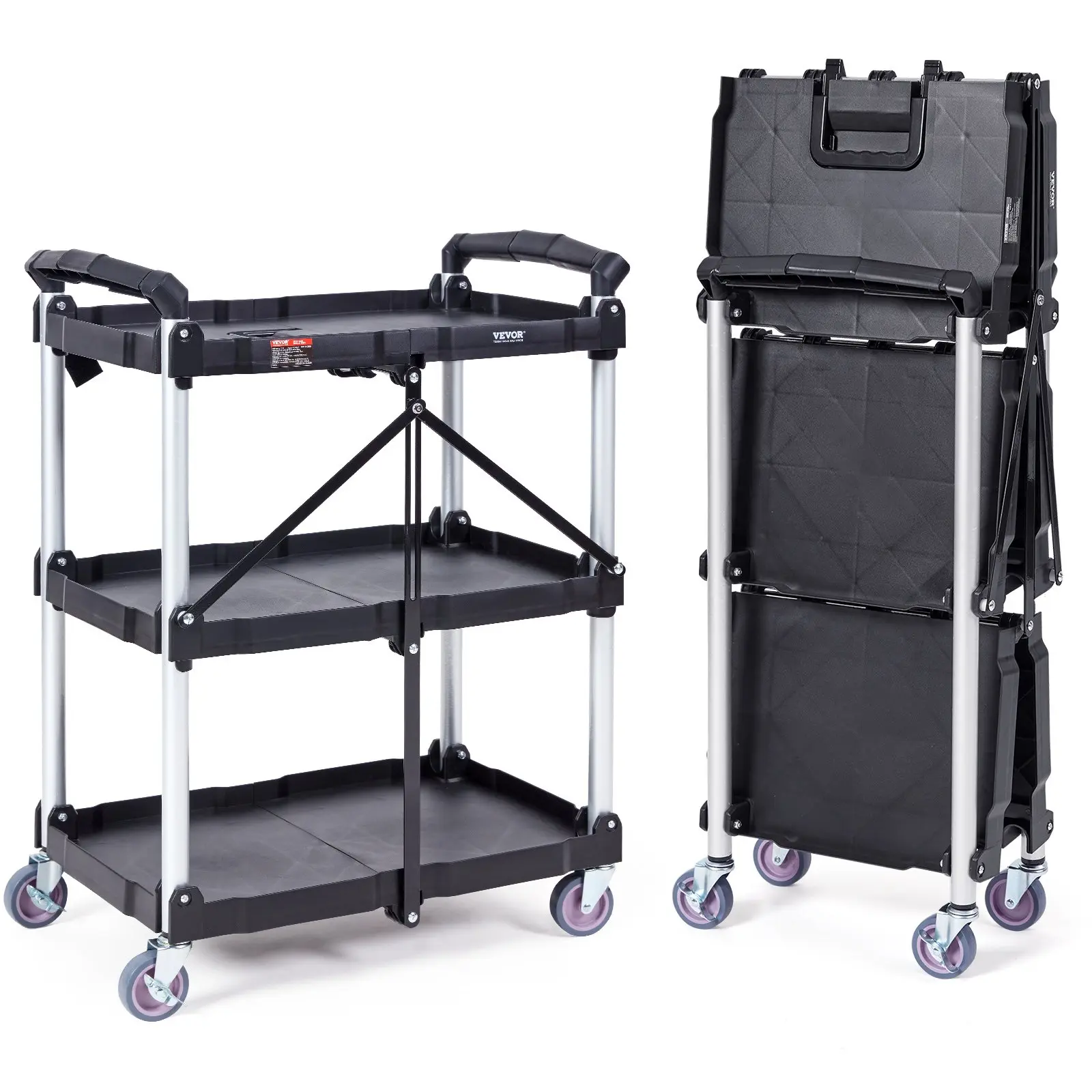 【DealsForYouDays】VEVOR 3-Shelf Heavy-Duty Plastic Utility Service Cart - 165LBS Capacity, Lockable Swivel Casters, Ergonomic Handle, Collapsible Rolling Stand, Organizer Racks, Ideal for Warehouse & Home Use