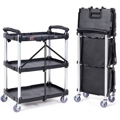 【toolupgrade】VEVOR Heavy-Duty PVC 3-Shelf Mobile Quiet Utility Organiser Cart - 165 lbs Capacity, Lockable 360° Swivel Steer Casters, Ergonomic Handle, Collapsible Stable Rolling Stand, Durable Tool Racks - Ideal for Office, Residential Use