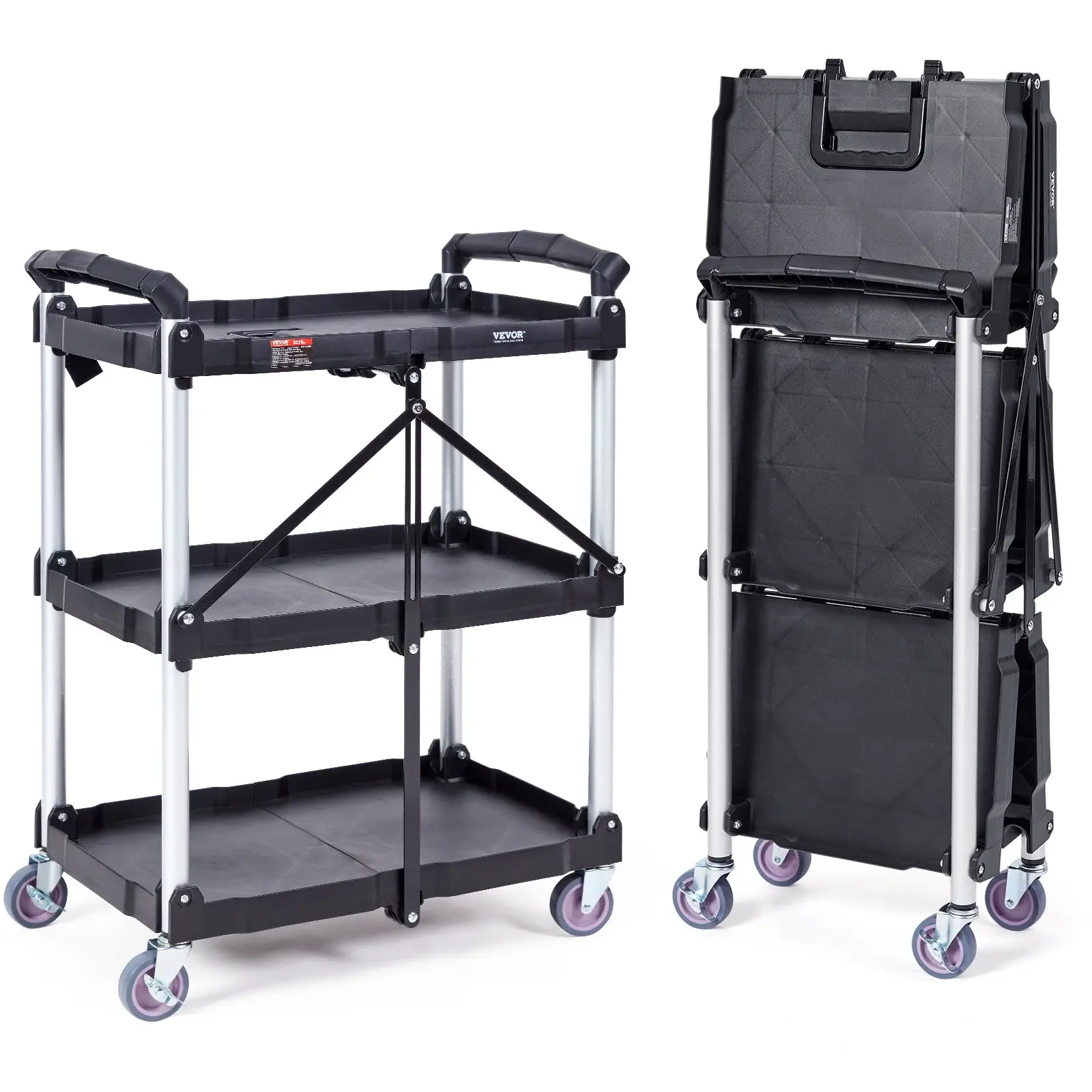 VEVOR Foldable Utility Service Cart, 3 Shelf 165LBS Heavy Duty Plastic with Lockable Wheels, Ergonomic Handle, Ideal for Warehouse, Office & Home Use