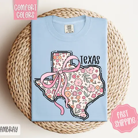 Texas Floral Bow Comfort Colors T-shirt, Cute Trendy Tee, State Coquette Oversized Top