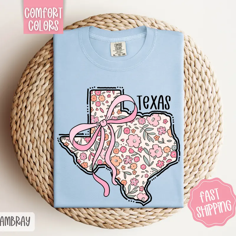 Texas Floral Bow Comfort Colors T-shirt, Cute Trendy Tee, State Coquette Oversized Top