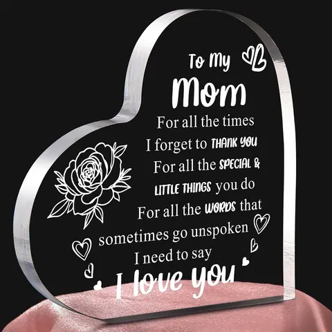 Heart Shaped Acrylic Decoration Block, Flower & Letter Pattern Decorative Ornament, Inspirational Creative Gift for Mom, Delicate mom birthday gift,Gift idea,Funny home decor