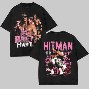 WWE Bret Hart Hitman Washed T-Shirt | Vintage Graphic Design | Iconic Wrestling Print | Classic Fan Apparel Cotton Fabric