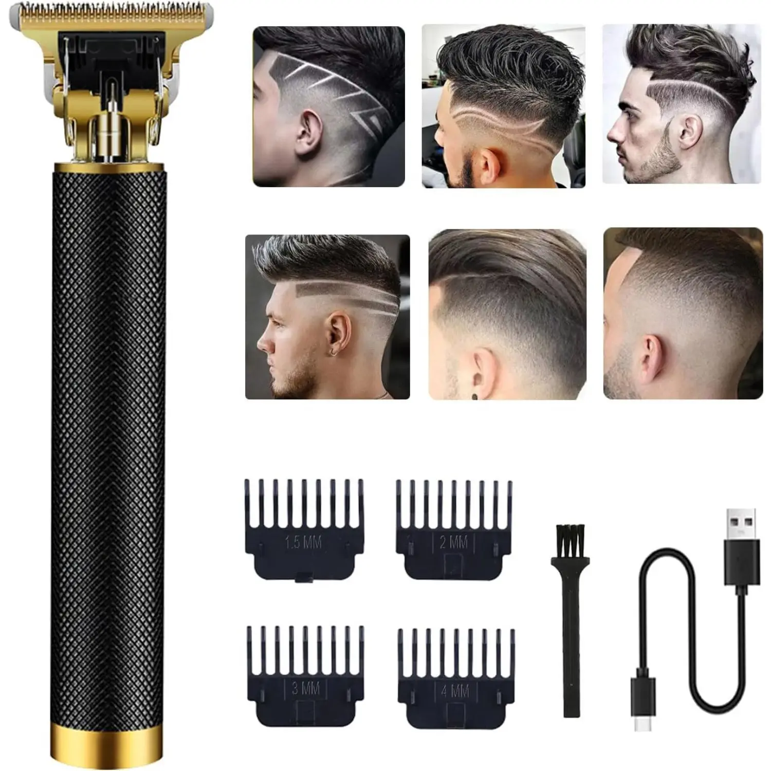 Men's black cordless electric hair clipper - zero-gap razor + guide comb, full-body water washing with multiple adjustable Settings, long-lasting battery life, suitable for home and salon use