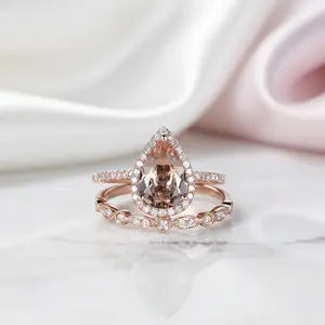 2.2ct Halo Pear Cut Synthetic Morganite Wedding Ring Set