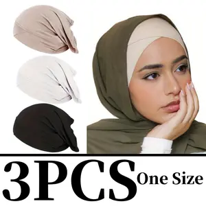 3-Piece Knitted Polyester Mix Turban Hijab Cap Set, Elastic Band Religious Wear with Forehead Cross, Breathable All-Seasons Muslim Undercap for Chemo (Sports & Outdoor Hat Accessory)