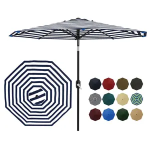 GARVEE 9Ft Patio Umbrella with 8 Sturdy Ribs, Crank Lift & Push Button Tilt, Light Blue & White Stripe Market Umbrella for Outdoor Use on Pool, Deck, Yard, and Garden