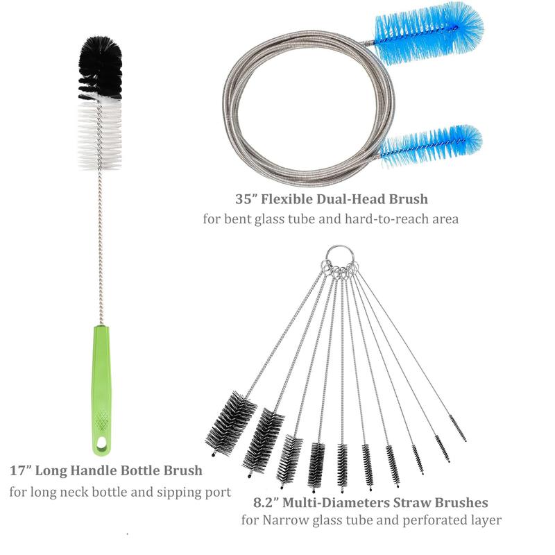 Set of 12 Tube Pipe Cleaners Kit - for Cleaning Narrow Neck Bottle, Curved Glass Tube, Hard-to-Reach Crevices,17” Long Handle Brush,8.2” Multi-Diameters Brushes,35” Flexible Dual-Head Cleaner