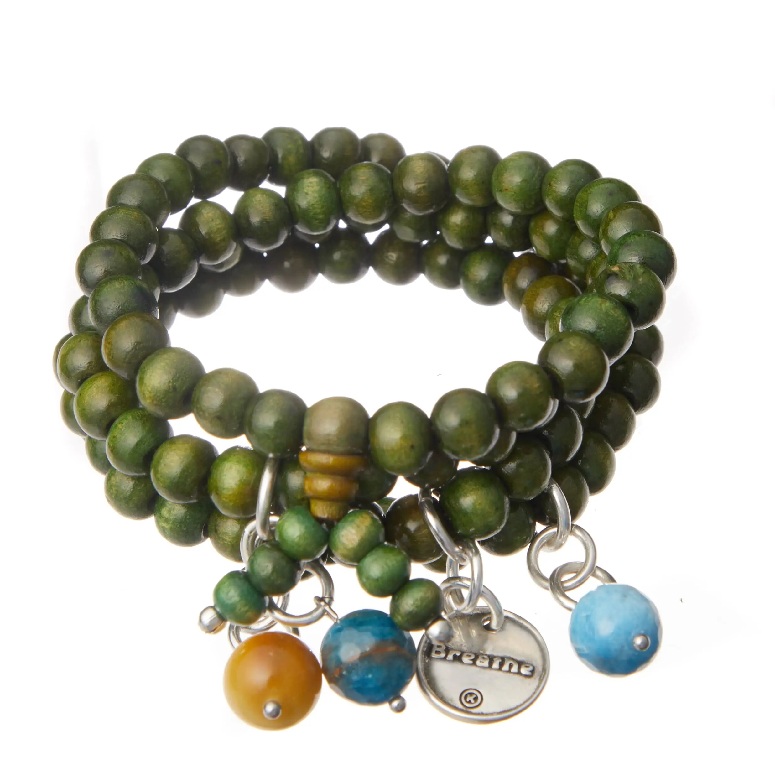 Breathe "Heart Wood" Boho Wrap - Natural Wood Design with Green Beads and Charm, Adjustable Cord Chain Jewellery Matching Bracelet Stackable Bracelet Trendy Bangles