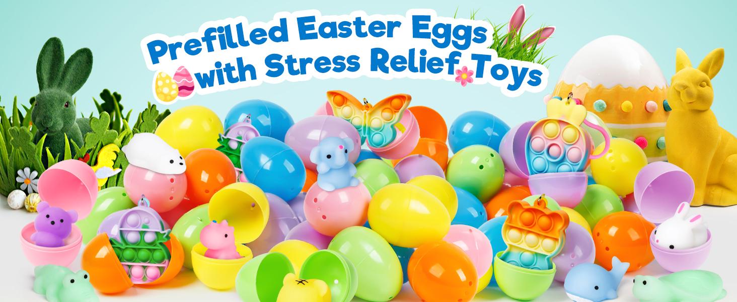 24 Pack Prefilled Easter Eggs with Squishy Toys & Pop Keychains, Kids Easter Basket Stuffers, Easter Egg Hunt Fillers, Party Favors Bulk for Boys & Girls, Easter Gifts