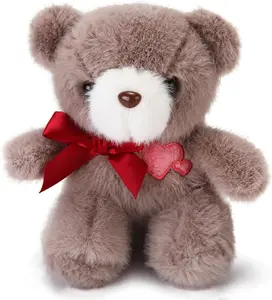4.7 Inchs Bear Stuffed Animal with Heart,Bow Tie Embroidered Pink Heart  Bear Plush Toy for Girlfriend, Boyfriend(Brown)