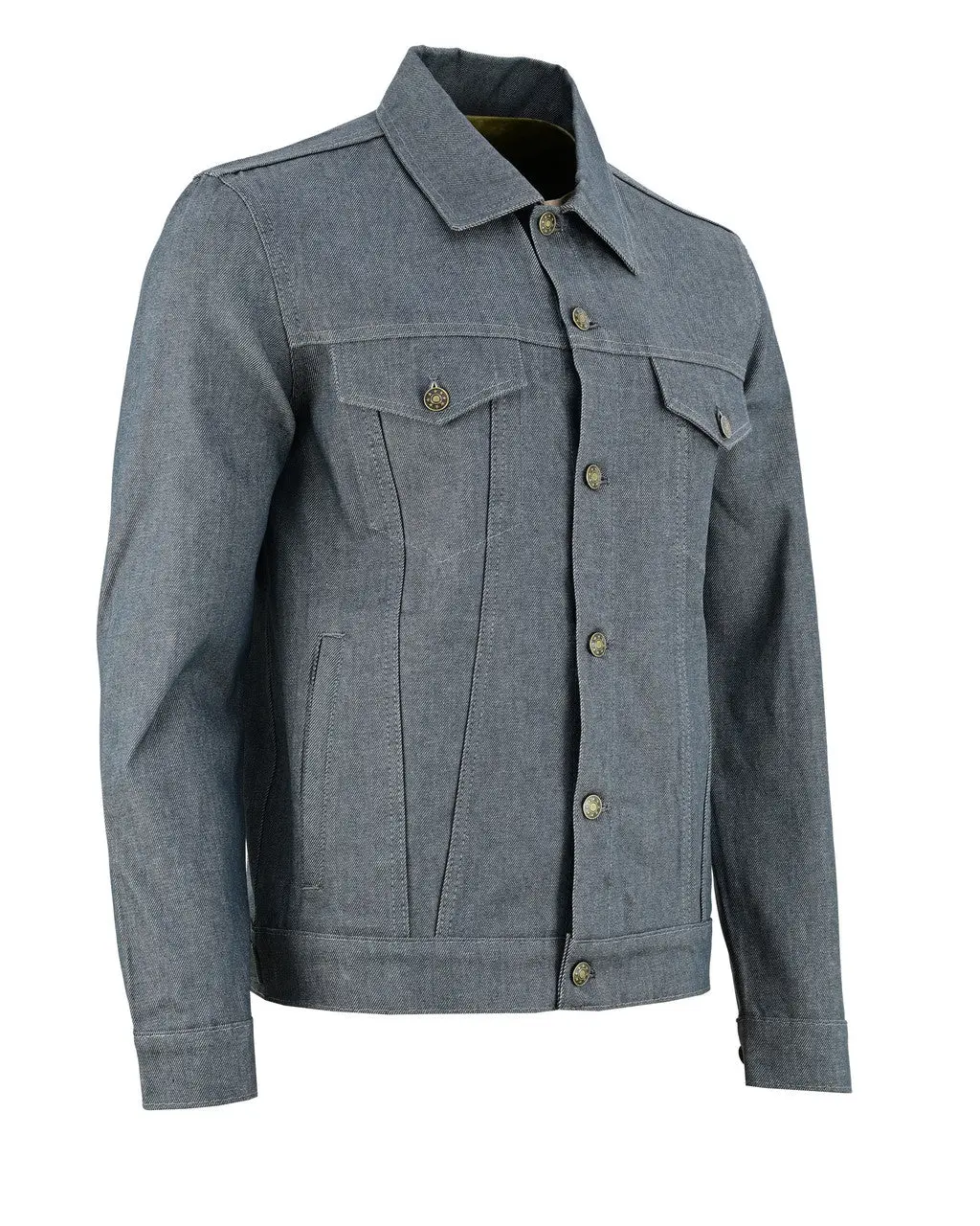 Vance Mens Grey Heavy Duty Denim Button Front Motorcycle Jacket, Jean Jacket for Men
