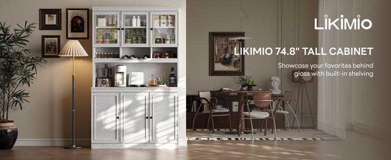 LIKIMIO 74.8" Cabinet with Glass Doors, Tall Kitchen Pantry, Storage Cabinet with Microwave Stand, 4 Adjustable Shelves, Wine & Glass Station, Modern Display Cabinet for Home Living Room