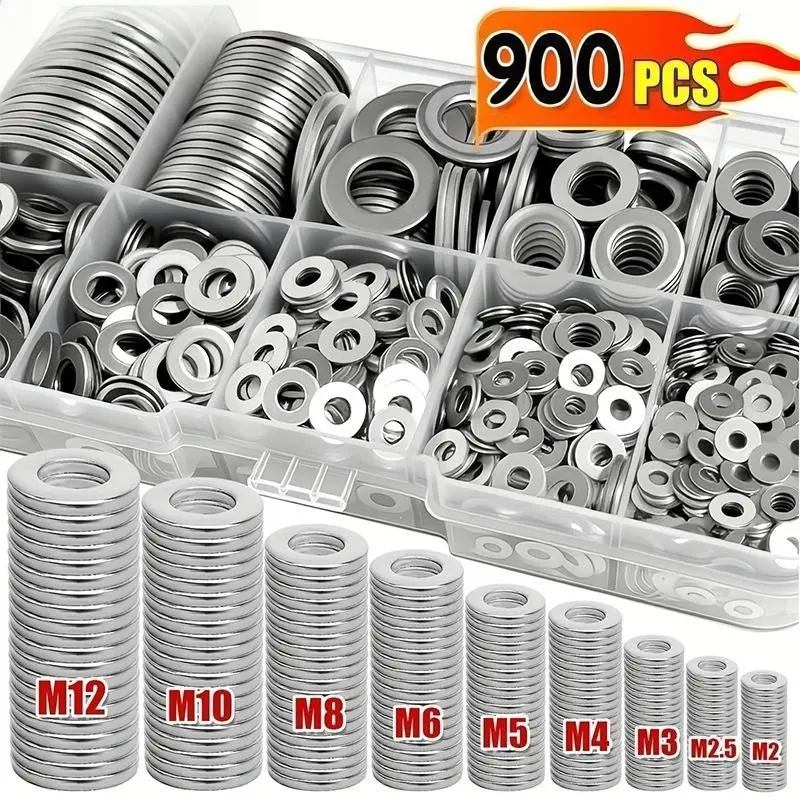 304 Stainless Steel Fastener Set, 900-Piece Multi-Size Hardware Kit with Flat, Fender, Lock Washers (M2, M2.5, M3, M4, M5, M6, M8, M10, M12) - Corrosion-Resistant Hardware Tool