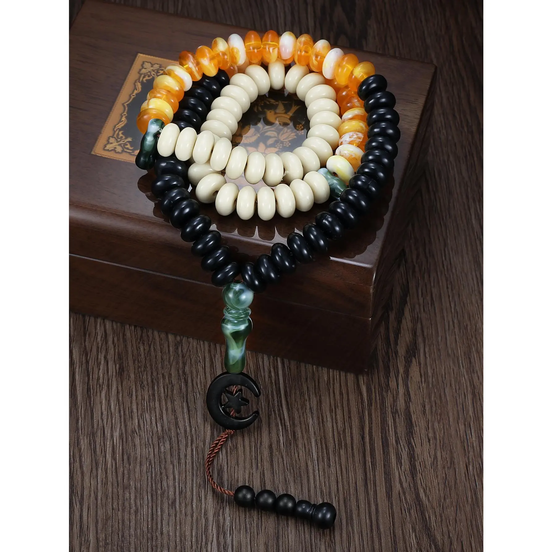 Unisex 99-Bead Flat Round Acrylic Handmade Craft Ethnic Bracelet - Geometric Multicolour Knotted Design, Star-Moon Tassels, Ramadan Prayer Gift, Daily Wear Fashion Accessory, Bangle